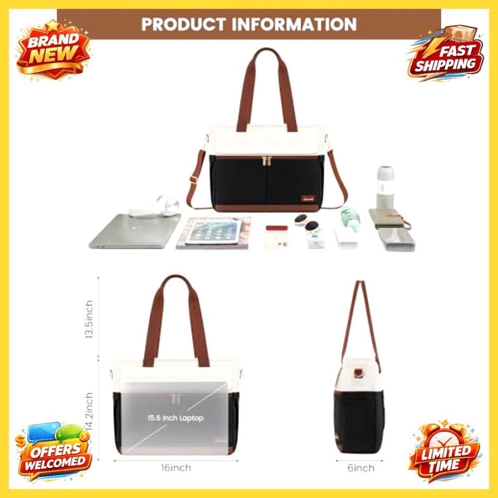 Large Capacity 15.6 Inch Laptop Tote Bag with Multiple Pockets - Picture 4 of 6